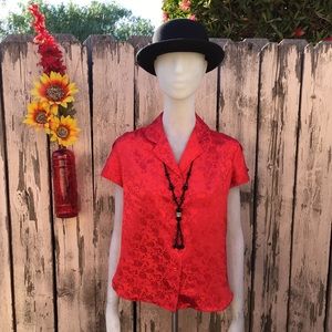 Rose Print Satin Red Top